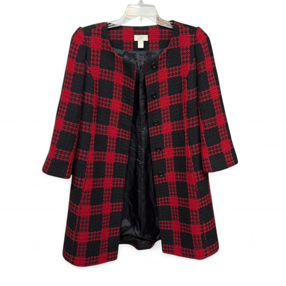 LOFT Jackets & Blazers - ANN TAYLOR LOFT Red Black Plaid Tweed Coat Jacket Wool Blend Size 6